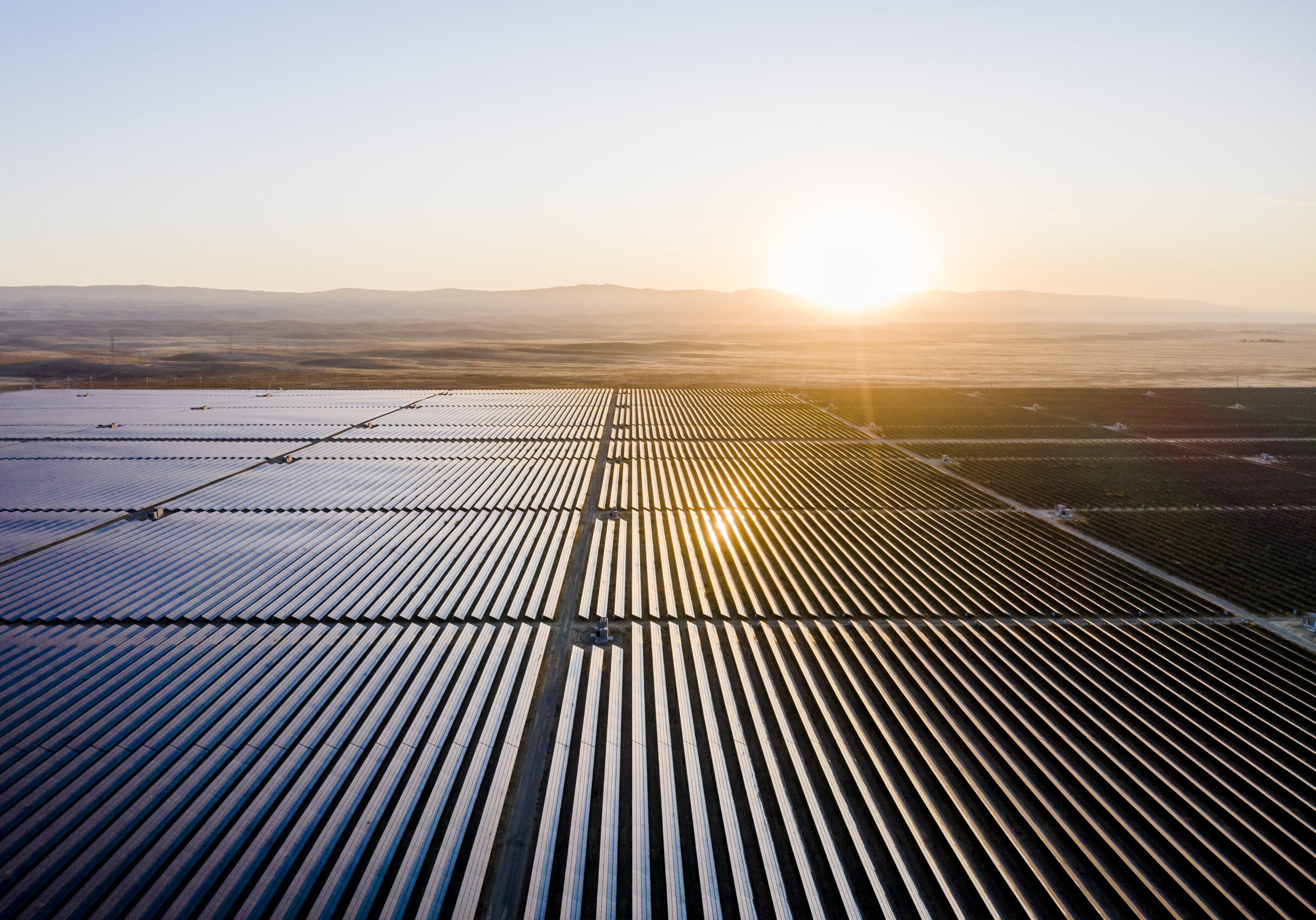 Aerial view of huge solar farm in the desert